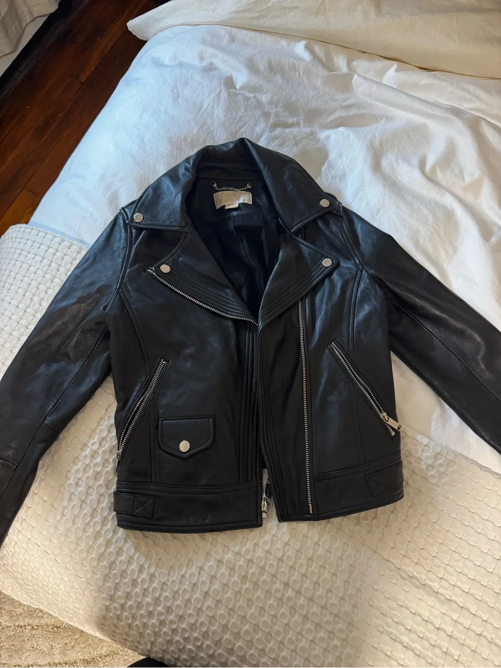 Michael Kors Black Leather Moto Jacket with Silver Hardware